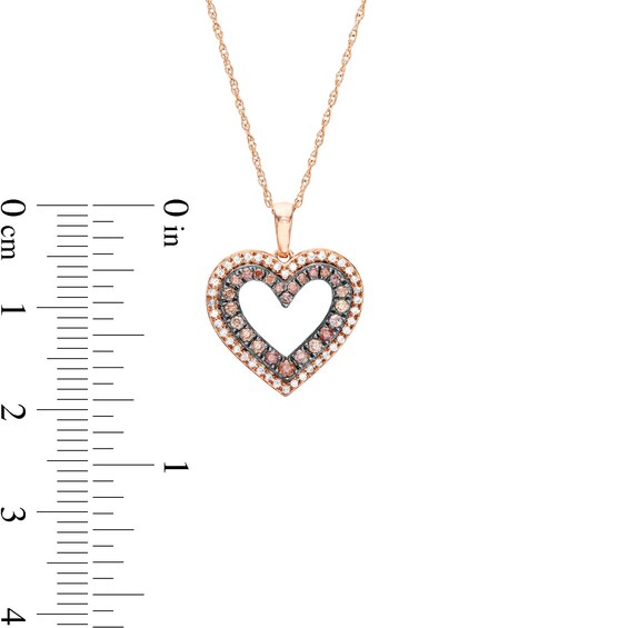 1/4 CT. T.w. Champagne and White Diamond Double Row Heart Outline Drop Pendant in 10K Rose Gold