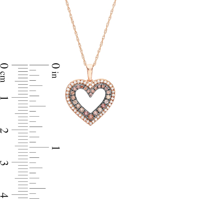 Main Image 3 of 1/4 CT. T.W. Champagne and White Diamond Double Row Heart Outline Drop Pendant in 10K Rose Gold