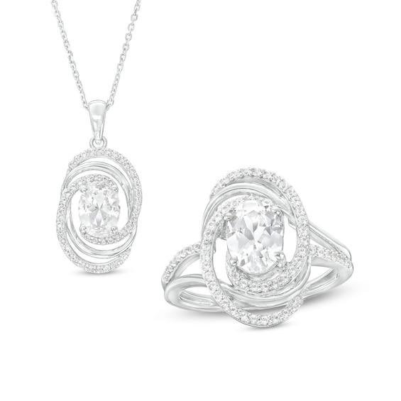 Oval White Lab-Created Sapphire Triple Orbit Frame Drop Pendant and Split Shank Ring Set in Sterling Silver - Size 7