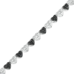 1/10 CT. T.W. Black and White Diamond Beaded Alternating Hearts Bracelet in Sterling Silver and Black Resin - 7.25"