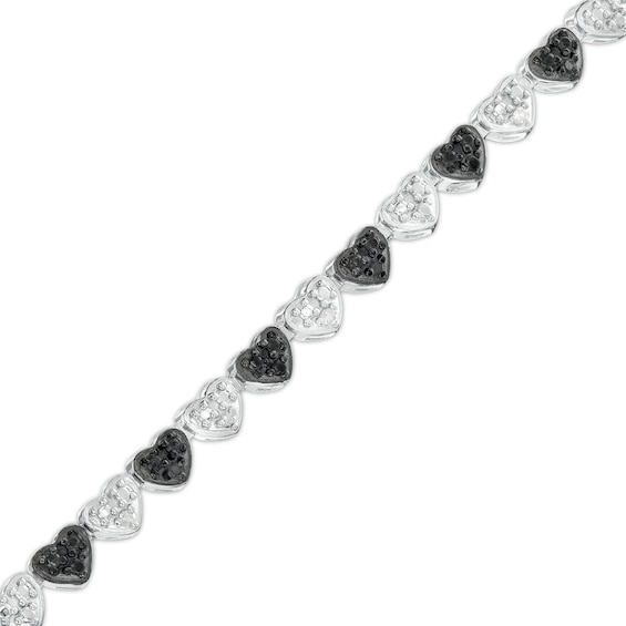 1/10 CT. T.w. Black and White Diamond Beaded Alternating Hearts Bracelet in Sterling Silver and Black Resin - 7.25"