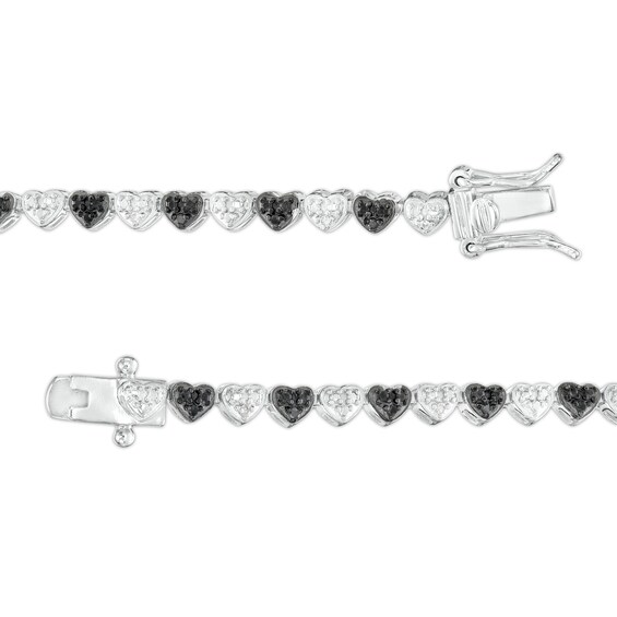1/10 CT. T.w. Black and White Diamond Beaded Alternating Hearts Bracelet in Sterling Silver and Black Resin - 7.25"