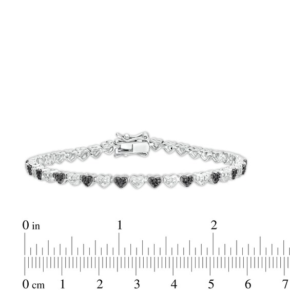 1/10 CT. T.w. Black and White Diamond Beaded Alternating Hearts Bracelet in Sterling Silver and Black Resin - 7.25"
