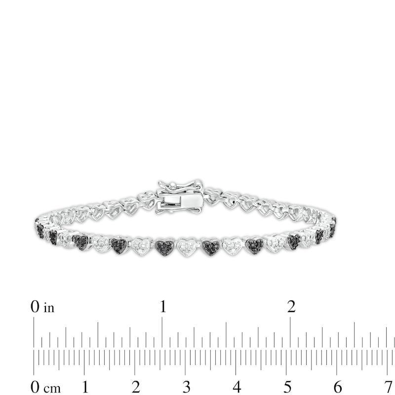 Main Image 4 of 1/10 CT. T.W. Black and White Diamond Beaded Alternating Hearts Bracelet in Sterling Silver and Black Resin - 7.25"