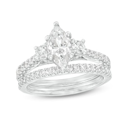 1-5/8 CT. T.W. Marquise and Round Diamond Three Stone Vintage-Style Bridal Set in 14K White Gold