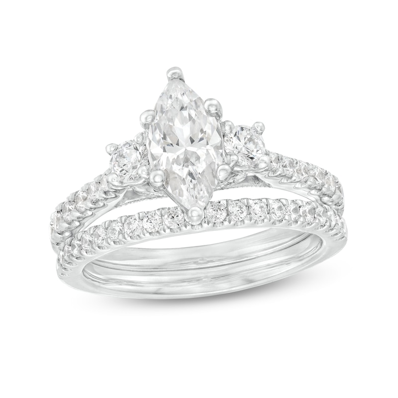 Main Image 1 of 1-5/8 CT. T.W. Marquise and Round Diamond Three Stone Vintage-Style Bridal Set in 14K White Gold