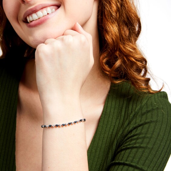 1/10 CT. T.w. Blue and White Diamond Beaded Alternating Hearts Line Bracelet in Sterling Silver and Blue Resin - 7.25"