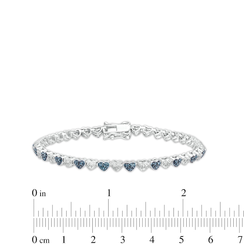 Main Image 4 of 1/10 CT. T.W. Blue and White Diamond Beaded Alternating Hearts Line Bracelet in Sterling Silver and Blue Resin - 7.25"