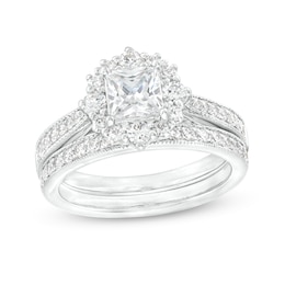 1-3/8 CT. T.W. Princess-Cut Diamond Petal Frame Tapered Shank Vintage-Style Flower Bridal Set in 14K White Gold