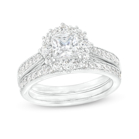 1-3/8 CT. T.w. Princess-Cut Diamond Petal Frame Tapered Shank Vintage-Style Flower Bridal Set in 14K White Gold