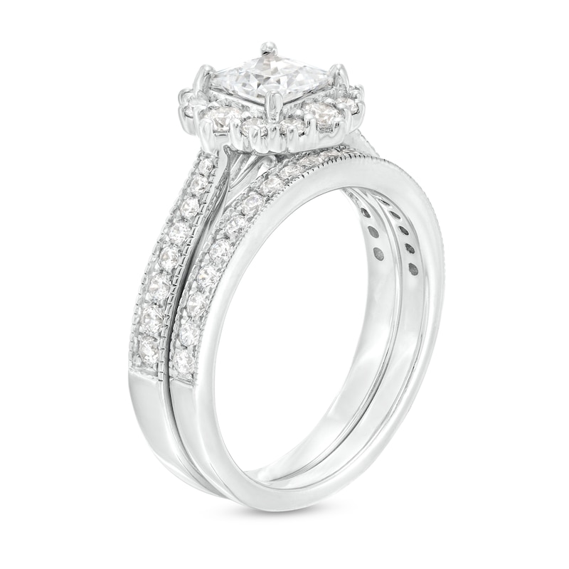 Main Image 3 of 1-3/8 CT. T.W. Princess-Cut Diamond Petal Frame Tapered Shank Vintage-Style Flower Bridal Set in 14K White Gold