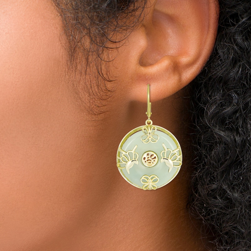 Main Image 2 of 25.0mm Jade Butterfly Overlay Disc Drop Earrings in Sterling Silver with 14K Gold Plate