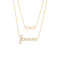 Love Talks 1/4 CT. T.W. Diamond Infinity Loop and Cursive &quot;forever&quot; Double Strand Necklace in 10K Gold