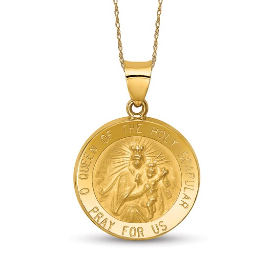 Men's Multi-Finish "Queen of the Holy Scapular" Framed Textured Small Medallion Pendant in 14K Gold