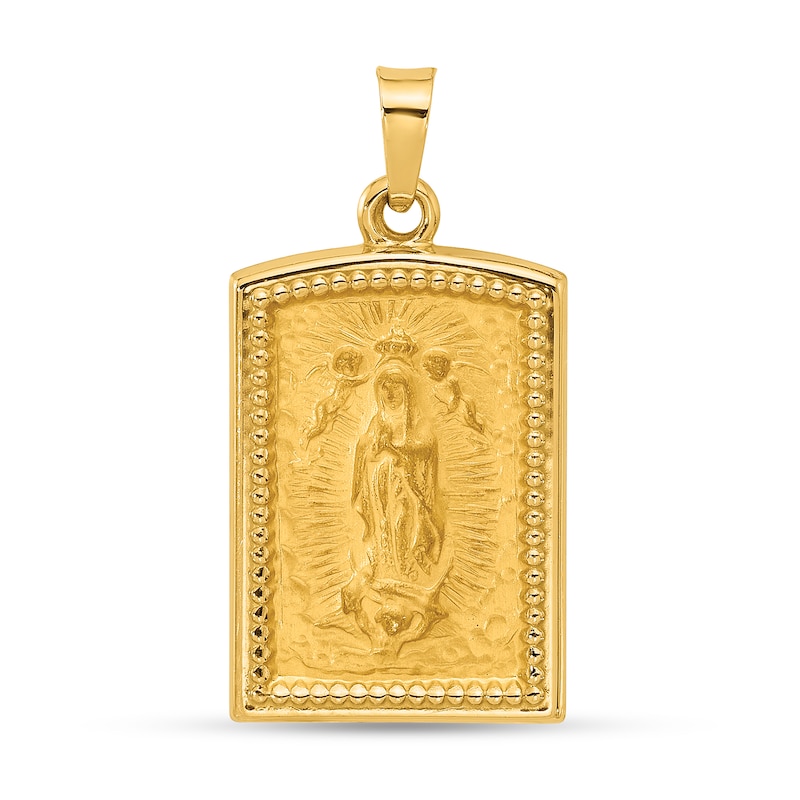 Main Image 1 of Brushed-Finish "Our Lady of Guadalupe" Beaded Frame Textured Rectangular Necklace Charm in 14K Gold