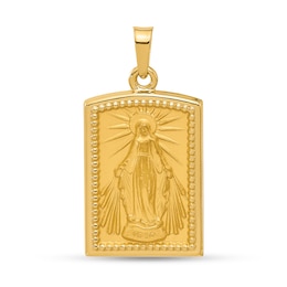 Brushed-Finish Holy Miraculous Virgin Mary Beaded Frame Textured Rectangular Necklace Charm in 14K Gold