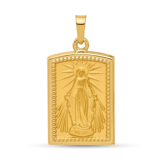 Brushed-Finish Holy Miraculous Virgin Mary Beaded Frame Textured Rectangular Necklace Charm in 14K Gold