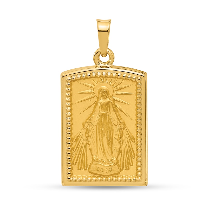 Main Image 1 of Men's Brushed-Finish Holy Miraculous Virgin Mary Beaded Frame Textured Rectangular Necklace Charm in 14K Gold