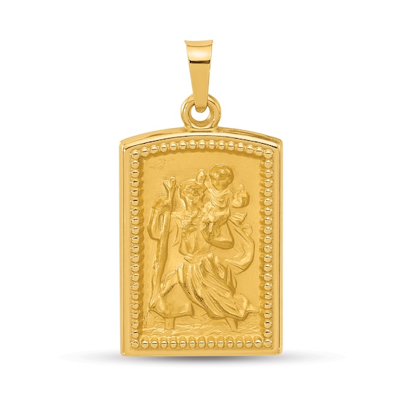 Brushed-Finish Saint Christopher Beaded Frame Textured Rectangular Necklace Charm in 14K Gold