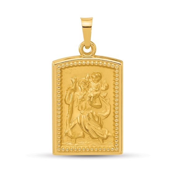 Men's Brushed-Finish Saint Christopher Beaded Frame Textured Rectangular Necklace Charm in 14K Gold