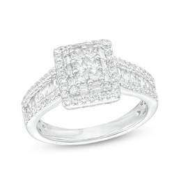 1 CT. T.W. Emerald-Shaped Multi-Diamond Double Frame Triple Row Engagement Ring in 10K White Gold