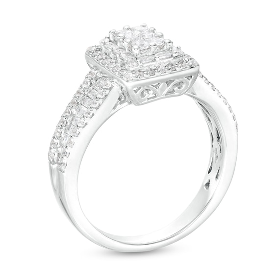1 CT. T.w. Emerald-Shaped Multi-Diamond Double Frame Triple Row Engagement Ring in 10K White Gold