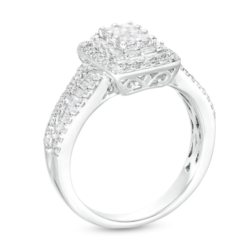 1 CT. T.W. Emerald-Shaped Multi-Diamond Double Frame Triple Row Engagement Ring in 10K White Gold