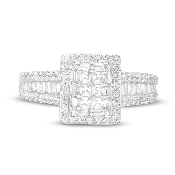 1 CT. T.w. Emerald-Shaped Multi-Diamond Double Frame Triple Row Engagement Ring in 10K White Gold
