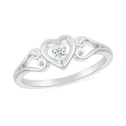 1/20 CT. Diamond Solitaire Heart Scroll Shank Promise Ring in Sterling Silver