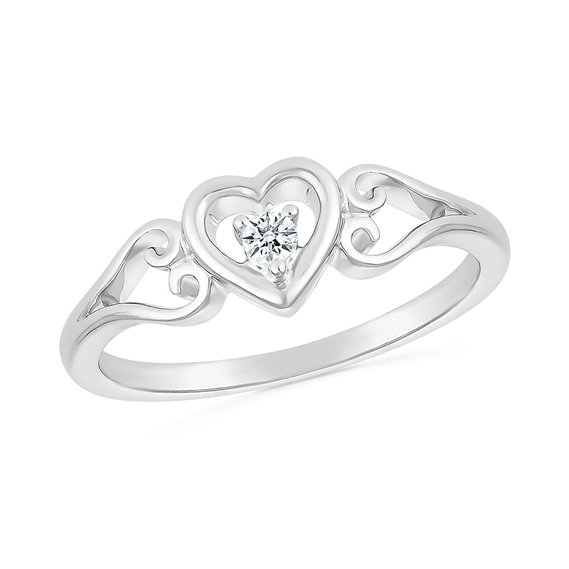 Main Image 1 of 1/20 CT. Diamond Solitaire Heart Scroll Shank Promise Ring in Sterling Silver