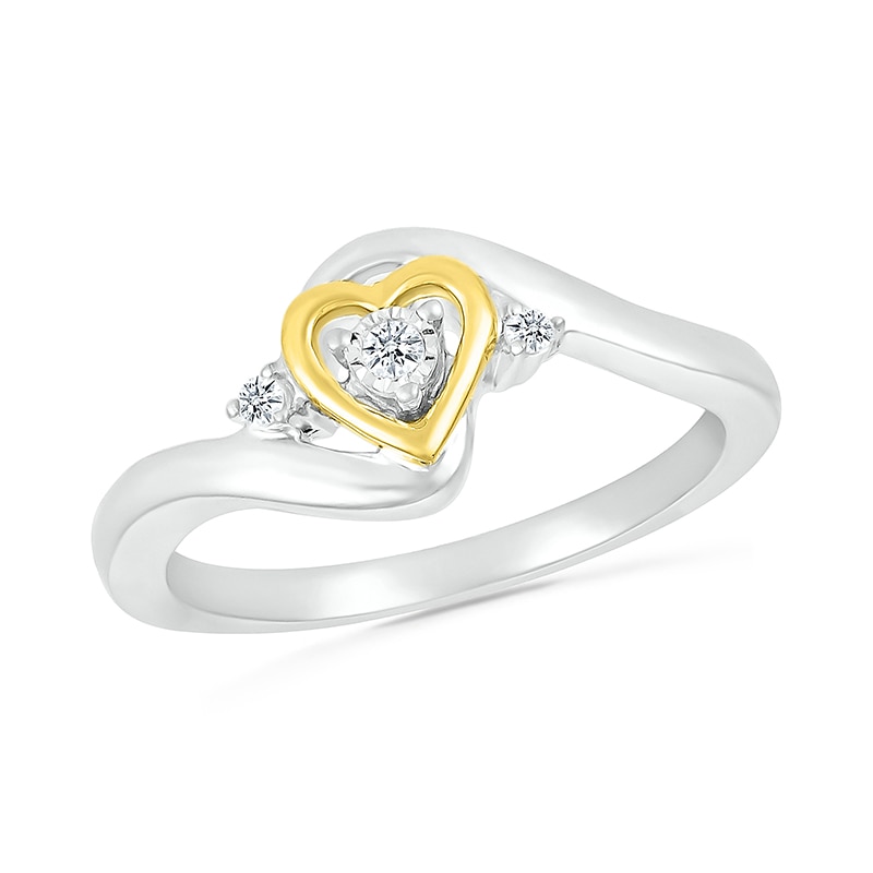 Main Image 1 of 1/20 CT. T.W. Diamond Heart Three Stone Bypass Promise Ring in Sterling Silver and 14K Gold Plate
