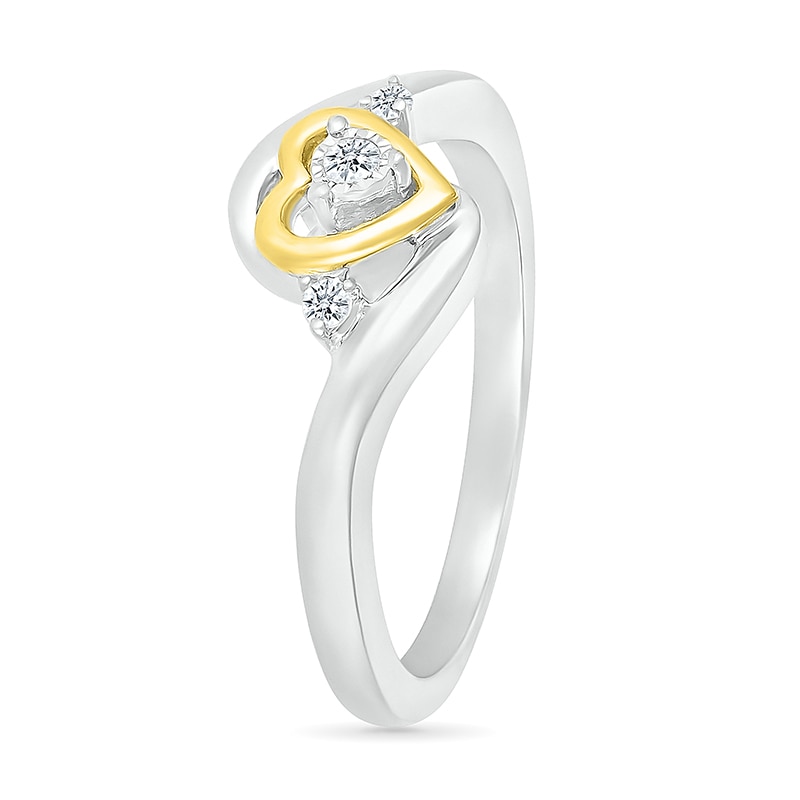 Main Image 2 of 1/20 CT. T.W. Diamond Heart Three Stone Bypass Promise Ring in Sterling Silver and 14K Gold Plate