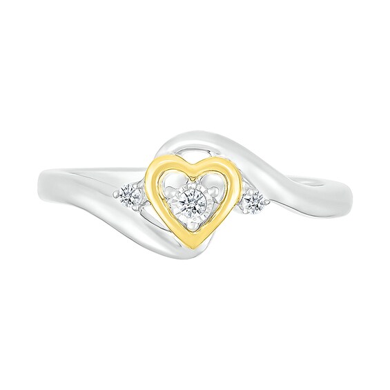1/20 CT. T.w. Diamond Heart Three Stone Bypass Promise Ring in Sterling Silver and 14K Gold Plate