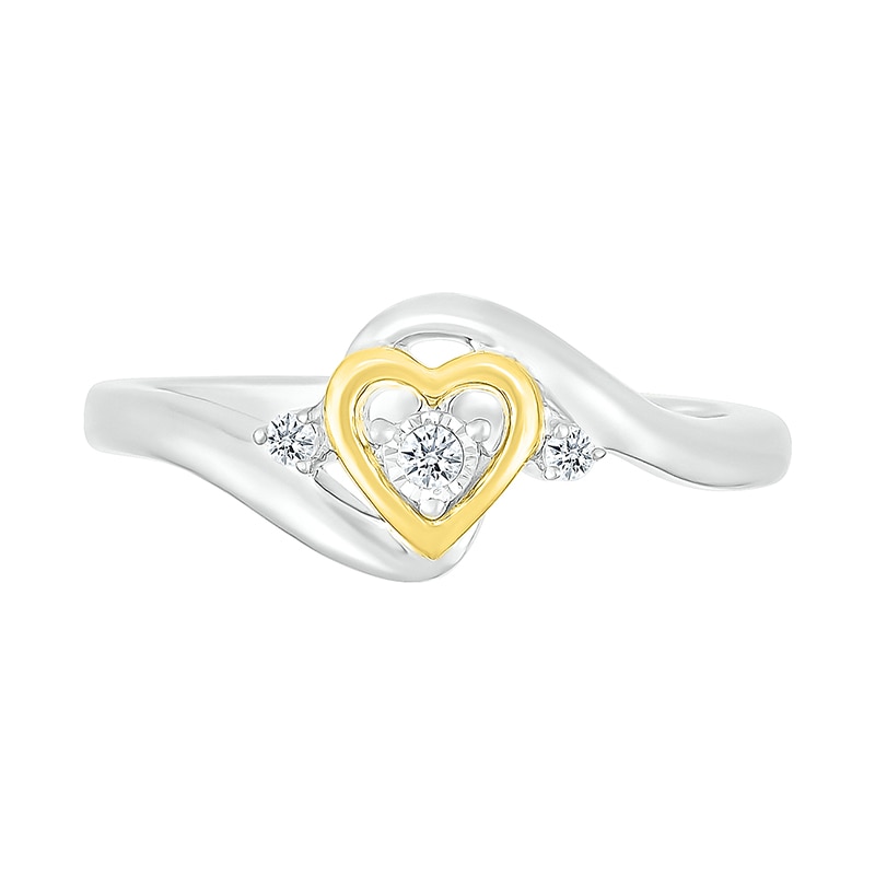 Main Image 3 of 1/20 CT. T.W. Diamond Heart Three Stone Bypass Promise Ring in Sterling Silver and 14K Gold Plate