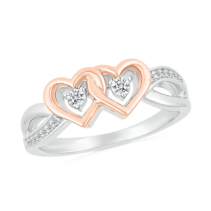 Main Image 1 of 1/8 CT. T.W. Diamond Interlocking Hearts Split Shank Promise Ring in Sterling Silver and 14K Rose Gold Plate