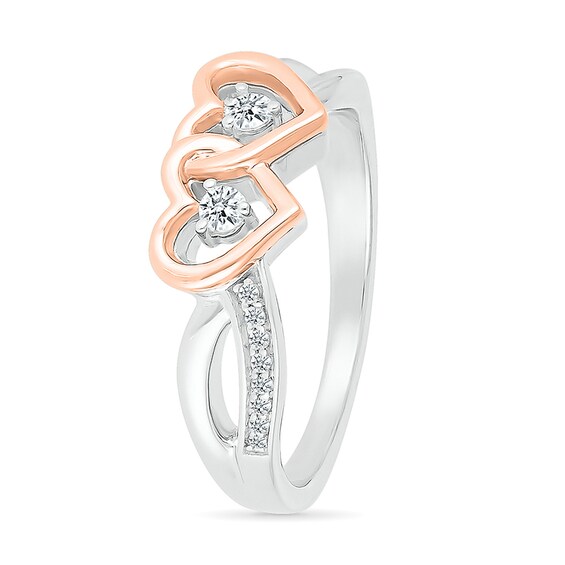 1/8 CT. T.w. Diamond Interlocking Hearts Split Shank Promise Ring in Sterling Silver and 14K Rose Gold Plate