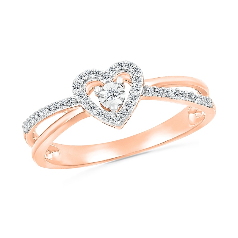 Main Image 1 of 1/8 CT. T.W. Diamond Heart Frame Criss-Cross Promise Ring in 10K Rose Gold