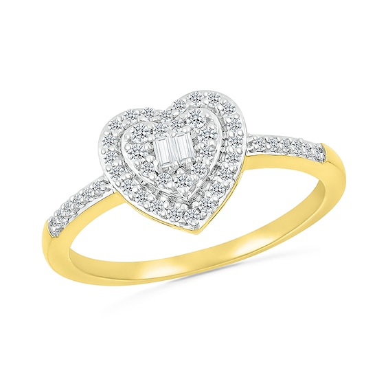 1/4 CT. T.w. Baguette and Round Diamond Double Heart Frame Promise Ring in 10K Gold