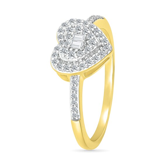 1/4 CT. T.w. Baguette and Round Diamond Double Heart Frame Promise Ring in 10K Gold