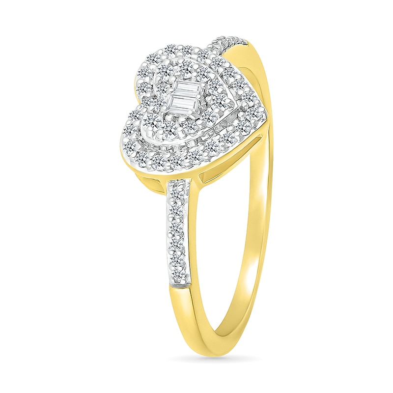 Main Image 2 of 1/4 CT. T.W. Baguette and Round Diamond Double Heart Frame Promise Ring in 10K Gold