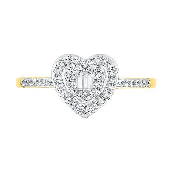 1/4 CT. T.w. Baguette and Round Diamond Double Heart Frame Promise Ring in 10K Gold