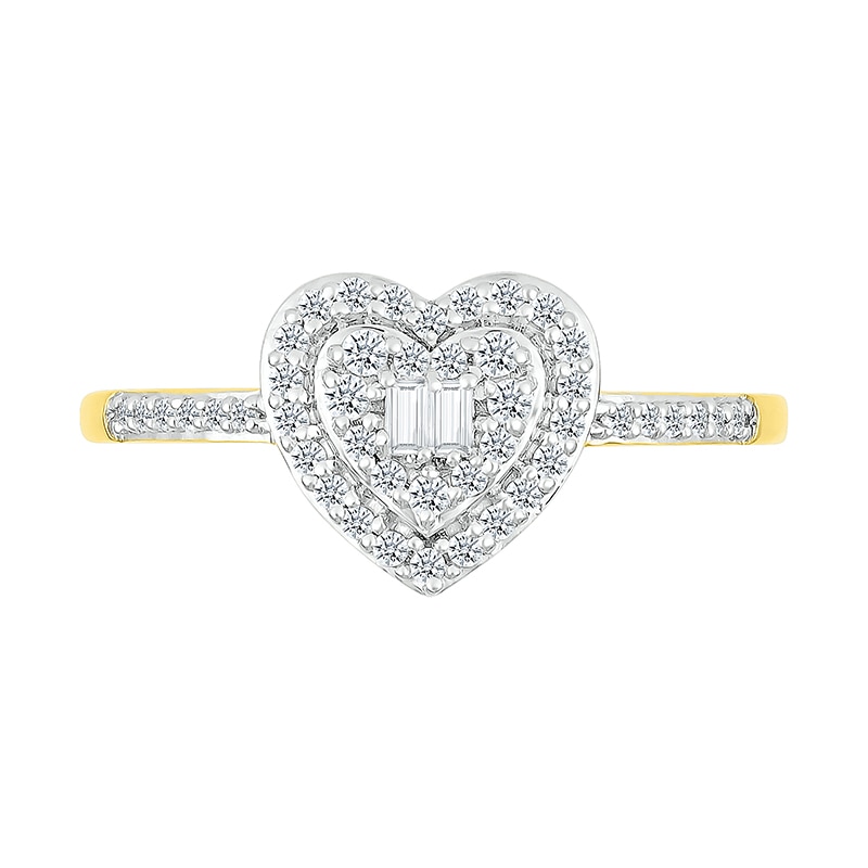 Main Image 3 of 1/4 CT. T.W. Baguette and Round Diamond Double Heart Frame Promise Ring in 10K Gold