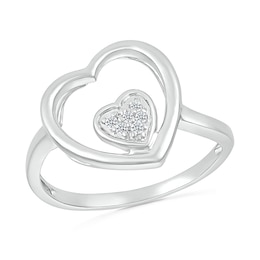 1/20 CT. T.W. Heart-Shaped Multi-Diamond Large and Small Open Frame Tilted Heart Promise Ring in Sterling Silver
