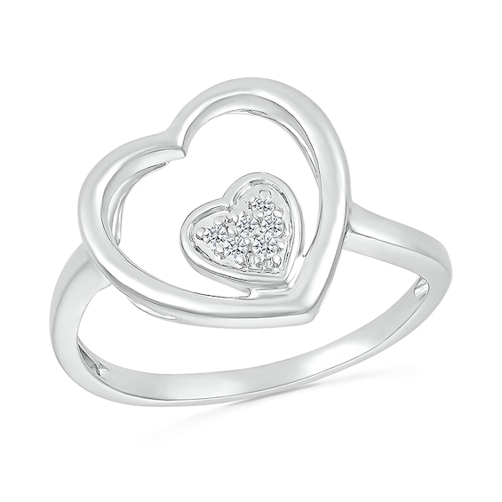 1/20 CT. T.w. Heart-Shaped Multi-Diamond Large and Small Open Frame Tilted Heart Promise Ring in Sterling Silver