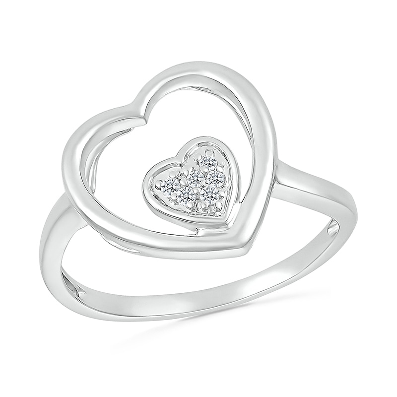 Main Image 1 of 1/20 CT. T.W. Heart-Shaped Multi-Diamond Large and Small Open Frame Tilted Heart Promise Ring in Sterling Silver
