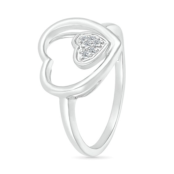 1/20 CT. T.w. Heart-Shaped Multi-Diamond Large and Small Open Frame Tilted Heart Promise Ring in Sterling Silver