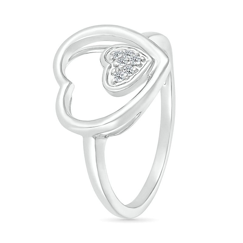 Main Image 2 of 1/20 CT. T.W. Heart-Shaped Multi-Diamond Large and Small Open Frame Tilted Heart Promise Ring in Sterling Silver