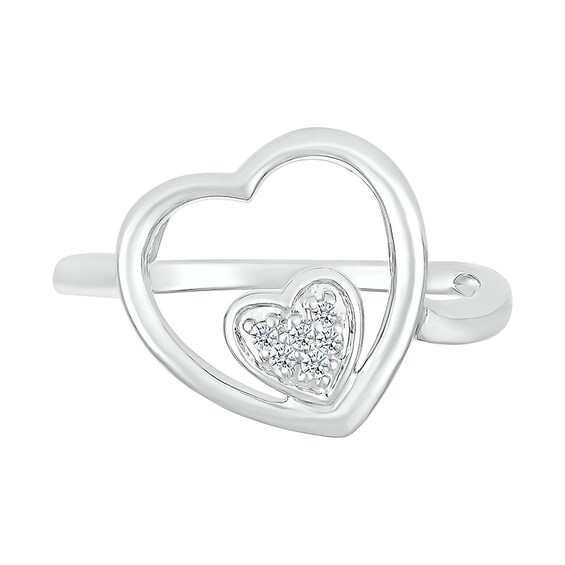 1/20 CT. T.w. Heart-Shaped Multi-Diamond Large and Small Open Frame Tilted Heart Promise Ring in Sterling Silver