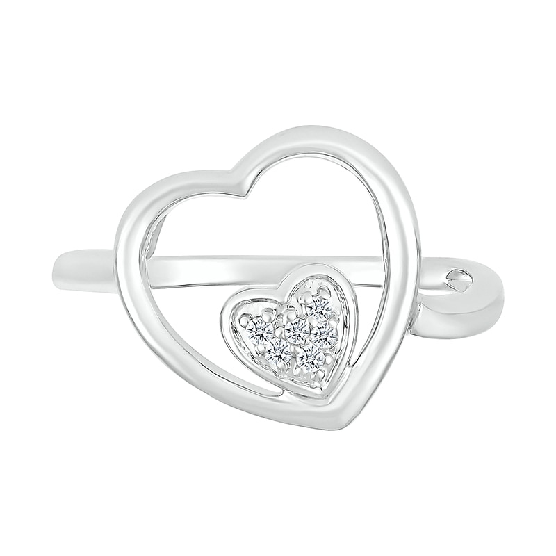 Main Image 3 of 1/20 CT. T.W. Heart-Shaped Multi-Diamond Large and Small Open Frame Tilted Heart Promise Ring in Sterling Silver