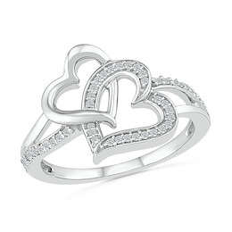 1/6 CT. T.W. Diamond Tilted and Sideways Double Interlocking Hearts Split Shank Promise Ring in Sterling Silver